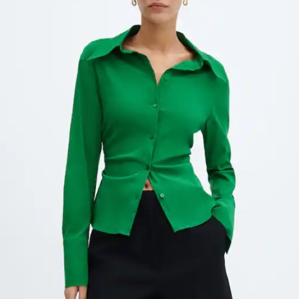 Mango Kelly Green Slim Tailored Fit Ruched Sides Button Down Shirt Size 4